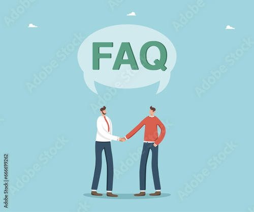 Brainstorming and teamwork for solving problems, questions and answers, FAQ, frequently asked questions, thought process or logic for complex situations, men shaking hands under speech bubble with FAQ