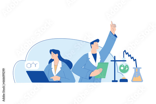 Chemistry with Man and Woman Scientist Character at Desk with Glass Flask Vector Illustration