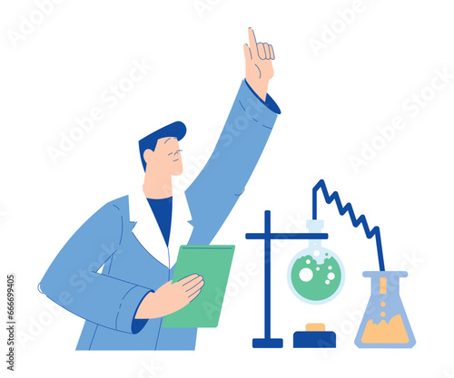 Chemistry with Man Scientist Character with Glass Flask Vector Illustration
