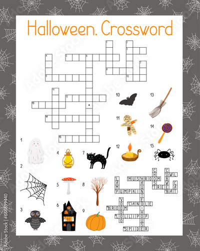 Halloween seasonal crossword activities, word search puzzle, autumn fall holidays vector illustration printable worksheet for kids, educational or leisure game, seasonal topical English vocabulary