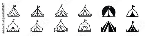 Tent Icon, Tourist tent icon vector, camping tent icon, Camping tent silhouette set. Tourist tent with a canopy, reinforced with a rope with a peg, circus icon