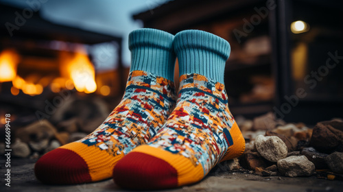 warm christmas socks on the wooden fireplace