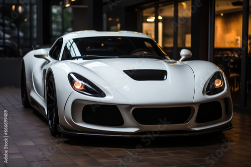 Luxury white sports car stands in the city, close up view
