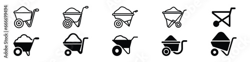Wheelbarrow cart icon. Wheelbarrow cart icon flat. Handcart icon. A handcart with a box vector. Wheelbarrow for transportation of cargo. Wheelbarrow line icon, wheelbarrow icon photo