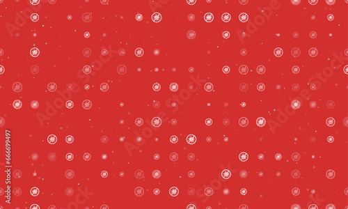 Seamless background pattern of evenly spaced white stop coronavirus symbols of different sizes and opacity. Vector illustration on red background with stars