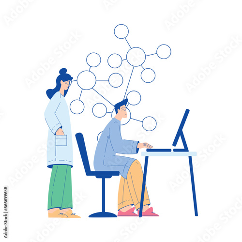 Chemistry with Man and Woman Scientist Character Sitting at Desk Vector Illustration