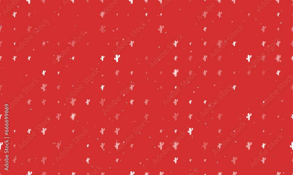 Seamless background pattern of evenly spaced white cactus symbols of different sizes and opacity. Vector illustration on red background with stars Seamless background pattern of evenly spaced white cactus symbols of different sizes and opacity. Vector illustration on red background with stars