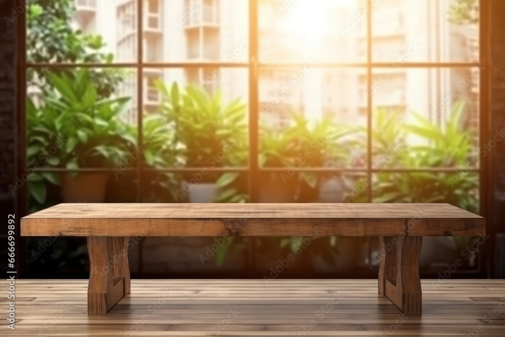 Empty wooden bench as table top, tropical flowers, landscape and beautiful view at window in interior. Background, mock up, template for montage product display. Empty wooden bench as table top, tropical flowers, landscape and beautiful view at window in interior. Background, mock up, template for montage product display.