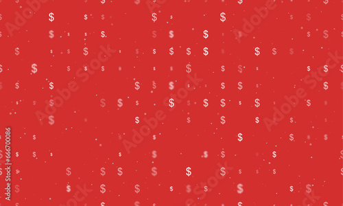 Seamless background pattern of evenly spaced white dollar symbols of different sizes and opacity. Vector illustration on red background with stars