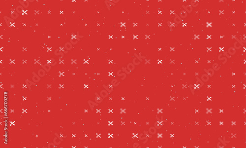 Seamless background pattern of evenly spaced white scissors symbols of different sizes and opacity. Vector illustration on red background with stars
