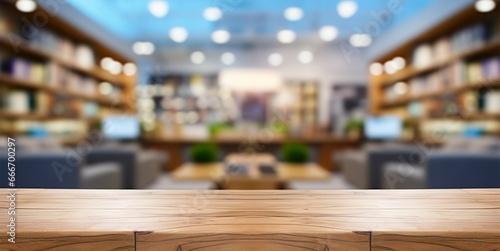 Television department store display with an empty wooden table foreground