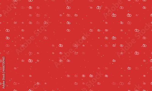 Seamless background pattern of evenly spaced white wedding rings symbols of different sizes and opacity. Vector illustration on red background with stars