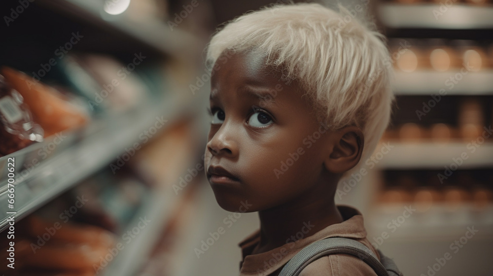 Portrait of a girl against a background of grocery shelves. AI Generated