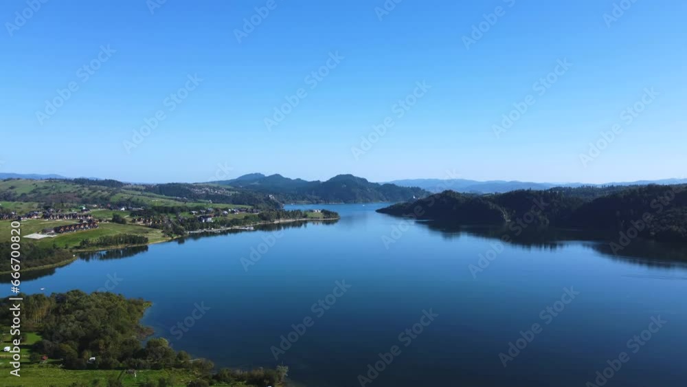 Drone flight above Czorsztyn Lake near Niedzica and Czorsztyn, Poland. Drone flight above Czorsztyn Lake near Niedzica and Czorsztyn, Poland.
