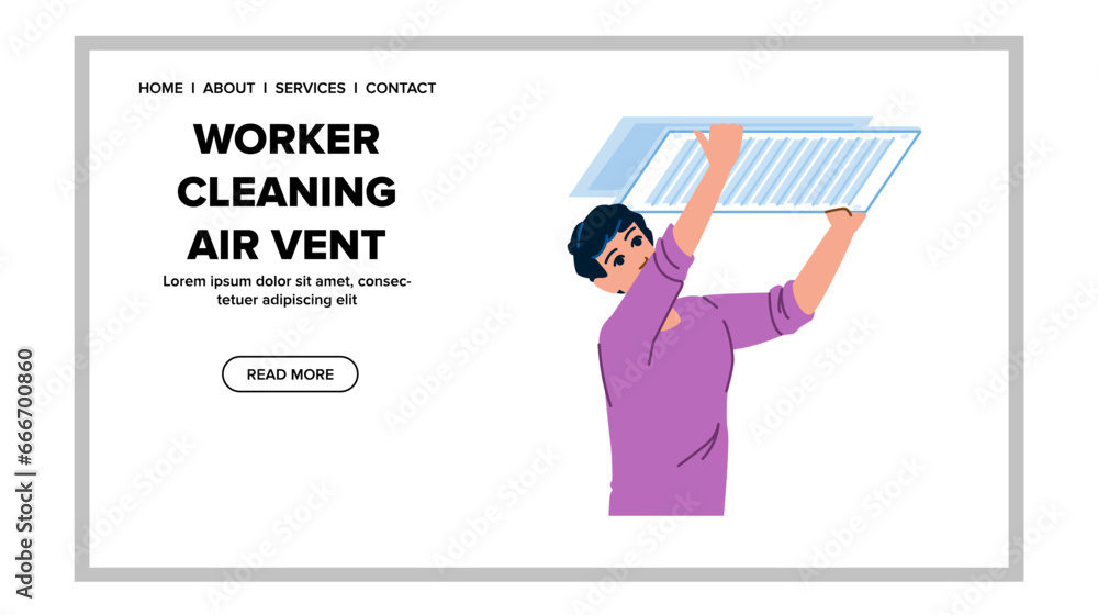 flat worker cleaning air vent vector. hvac home, clean filter, system maintenance flat worker cleaning air vent web flat cartoon illustration