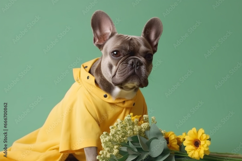 Doggie holding flowers on a green background. AI Generated