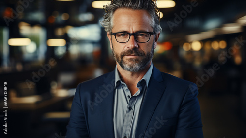 portrait of confident mature man in glasses in restaurant