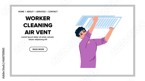 flat worker cleaning air vent vector. hvac home, clean filter, system maintenance flat worker cleaning air vent web flat cartoon illustration