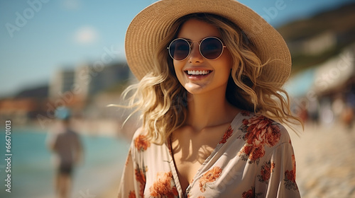 portrait of beautiful woman in sunglasses on beach