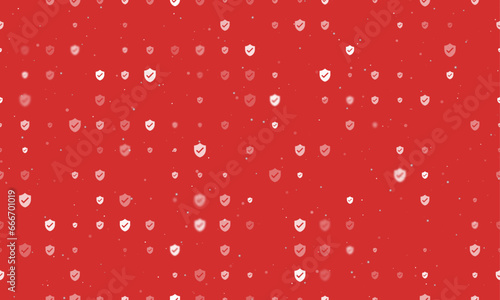 Seamless background pattern of evenly spaced white protection mark symbols of different sizes and opacity. Vector illustration on red background with stars