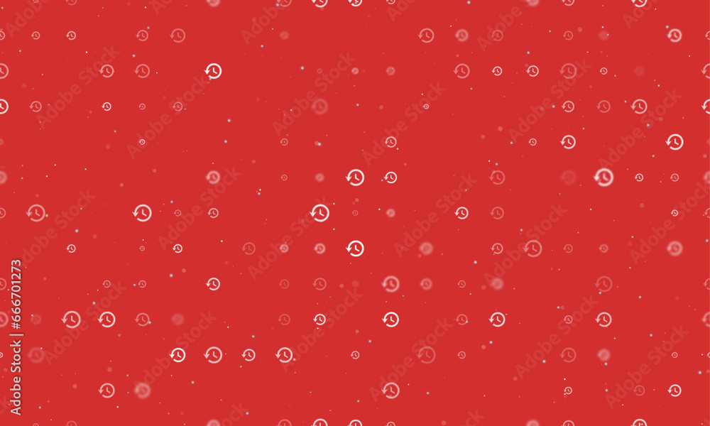Seamless background pattern of evenly spaced white time back symbols of different sizes and opacity. Vector illustration on red background with stars Seamless background pattern of evenly spaced white time back symbols of different sizes and opacity. Vector illustration on red background with stars