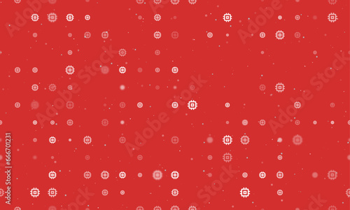 Seamless background pattern of evenly spaced white chip symbols of different sizes and opacity. Vector illustration on red background with stars