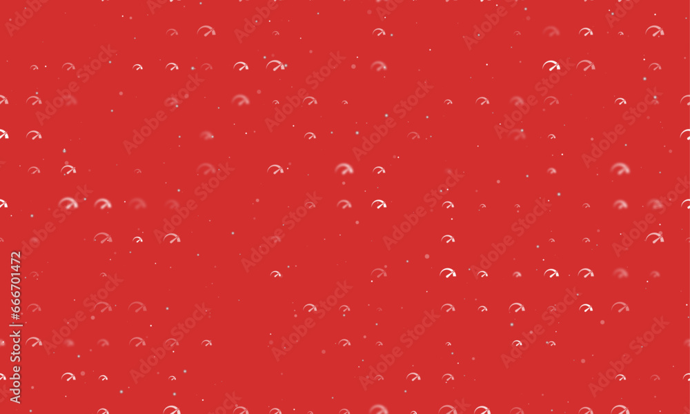 Seamless background pattern of evenly spaced white tachometer symbols of different sizes and opacity. Vector illustration on red background with stars