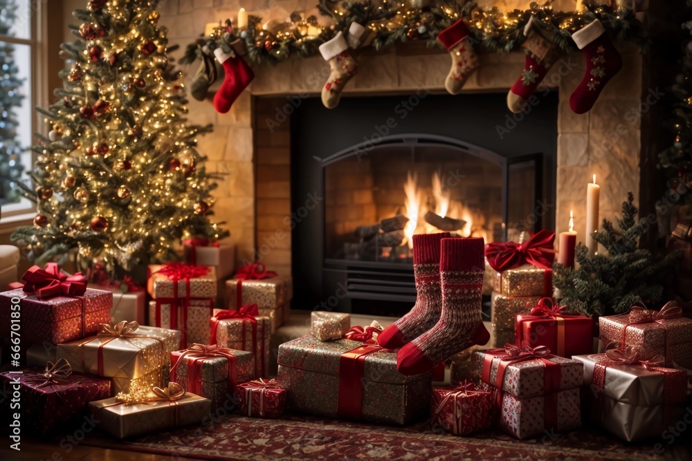 regalos navideños al lado de chimenea y medias con dulces - obrazy, fototapety, plakaty 
