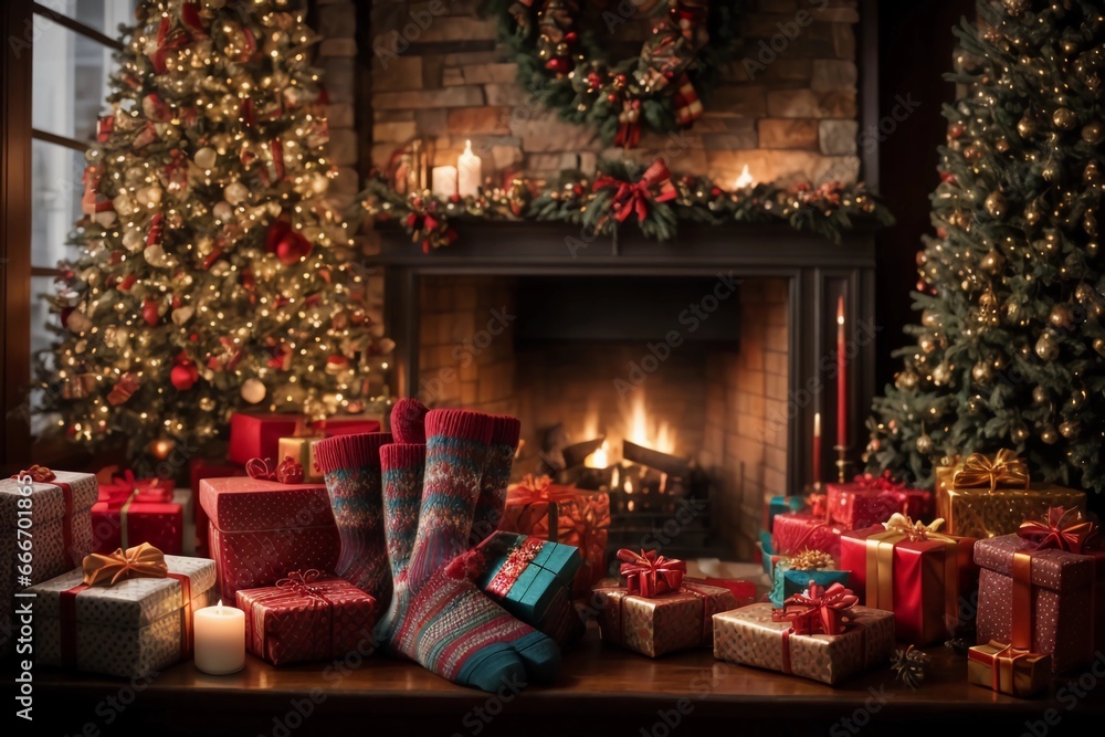 regalos navideños al lado de chimenea y medias con dulces