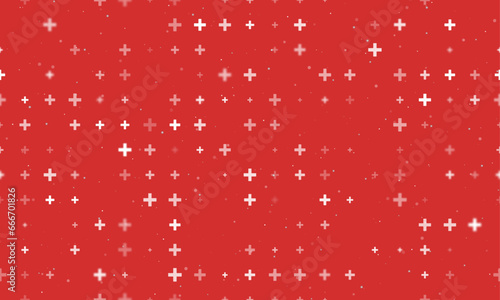 Seamless background pattern of evenly spaced white plus symbols of different sizes and opacity. Vector illustration on red background with stars