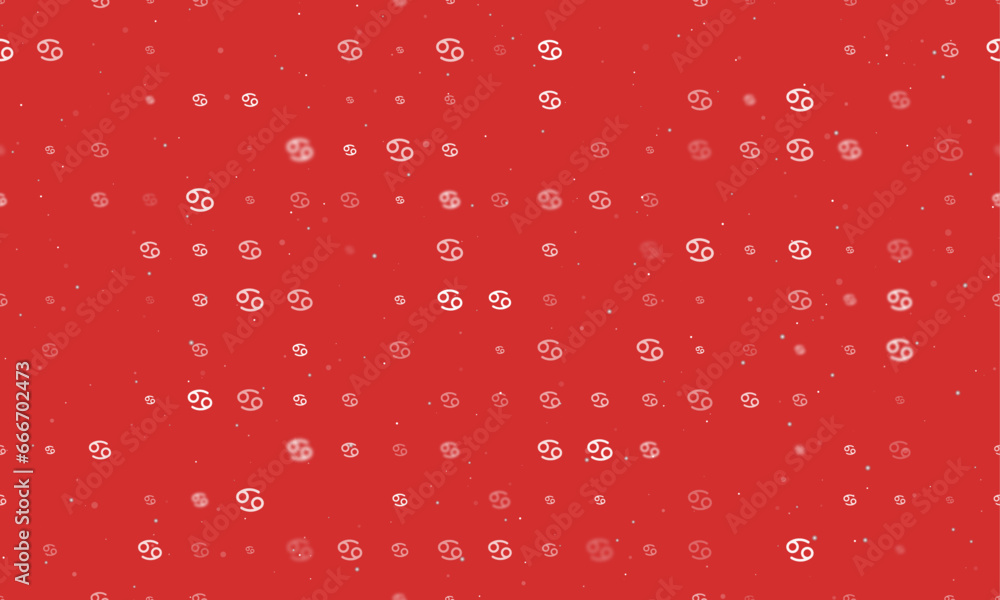 Seamless background pattern of evenly spaced white cancer zodiac symbols of different sizes and opacity. Vector illustration on red background with stars Seamless background pattern of evenly spaced white cancer zodiac symbols of different sizes and opacity. Vector illustration on red background with stars