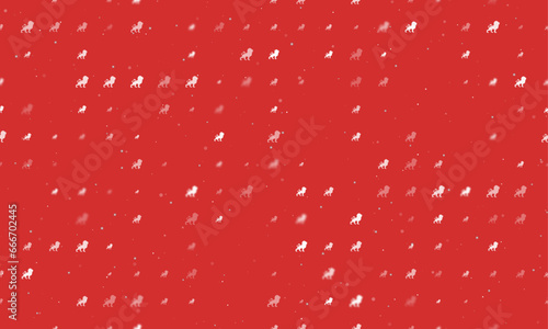 Seamless background pattern of evenly spaced white lion symbols of different sizes and opacity. Vector illustration on red background with stars