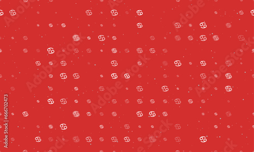 Seamless background pattern of evenly spaced white cancer zodiac symbols of different sizes and opacity. Vector illustration on red background with stars