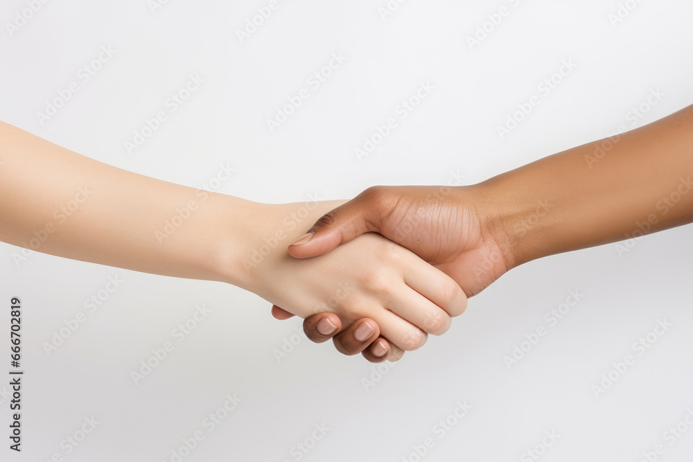 Poignée de main avec une main à la peau blanche et une main à la peau bronzée. Fond blanc