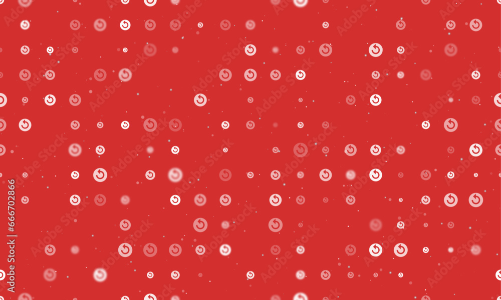 Seamless background pattern of evenly spaced white replay media symbols of different sizes and opacity. Vector illustration on red background with stars