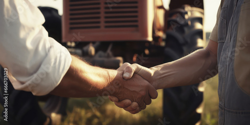 agribusiness handshake business deal agreement between businessman and farmer, purchase sell tractor farm machinery equipment, partnership cooperation collaboration in agriculture business  photo