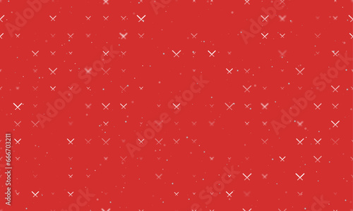 Seamless background pattern of evenly spaced white baseball bats symbols of different sizes and opacity. Vector illustration on red background with stars