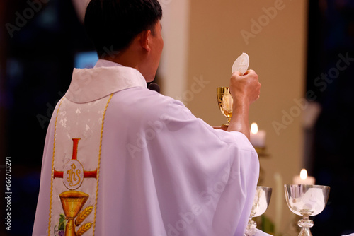 Back view of Priest with chasuble at Eucharist celebration, Sunday Mass, Elevation of the Host, St. Nicholas Cathedral, Dalat, Vietnam, Indochina