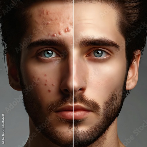 Face of a young man before and after acne treatment. Cosmetology procedure. Youth and beauty concept. Skin care. Perfect skin and skin with acne. Plain background. Generative AI