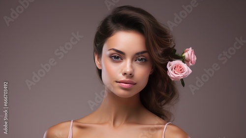 A portrait of a beautiful  sensual woman with bared shoulders and flowers looking at the camera with tenderness isolated over a light background is a concept for a spa  female health spa 