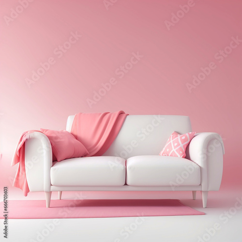 Modern pink sofa with a pink background in living room