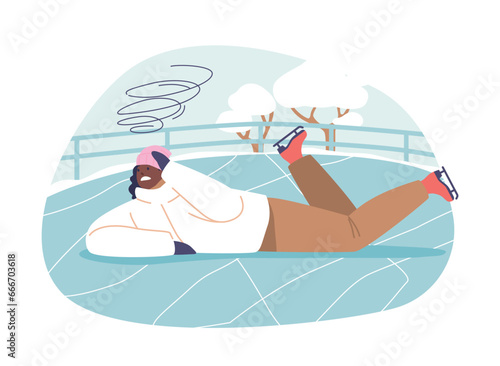 Woman Character Tumbled On The Ice Rink, Illustrating The Hazards Of Skating. Falls Like These Can Lead To Injuries