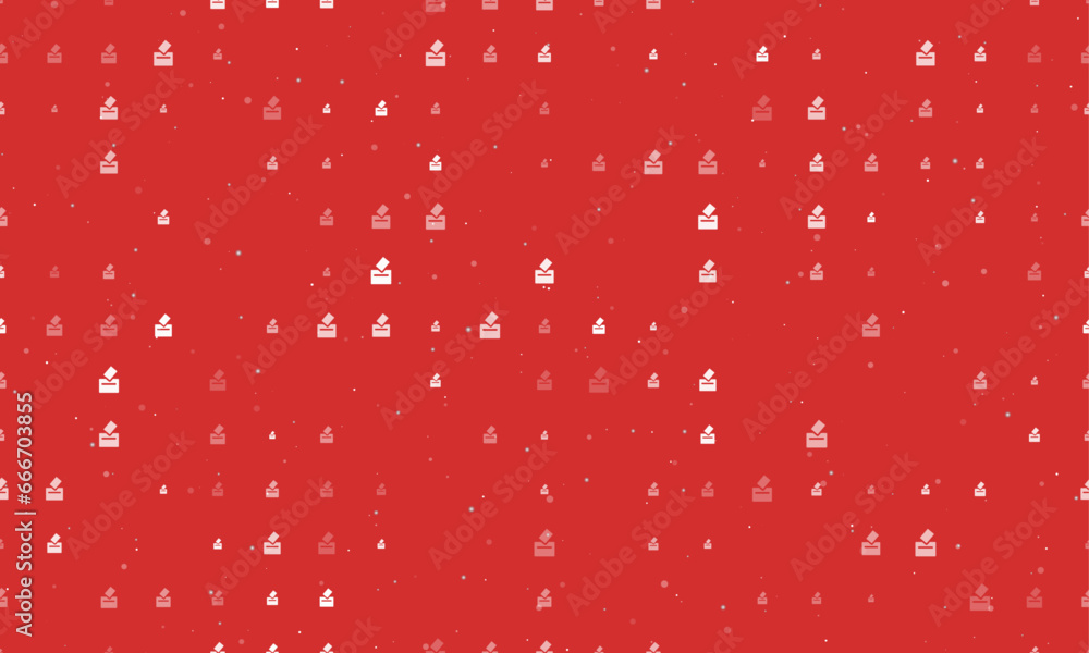 Seamless background pattern of evenly spaced white vote symbols of different sizes and opacity. Vector illustration on red background with stars Seamless background pattern of evenly spaced white vote symbols of different sizes and opacity. Vector illustration on red background with stars