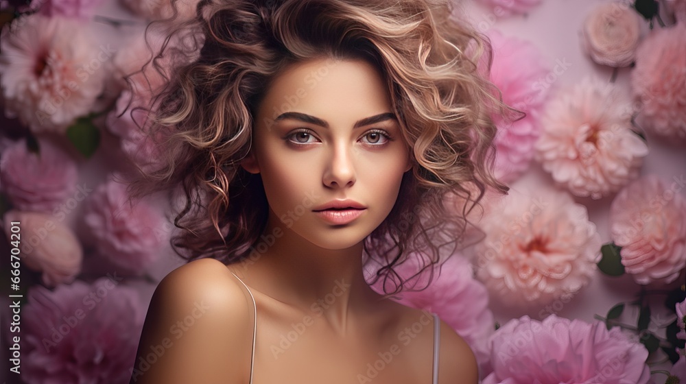A portrait of a fashion girl who exudes sweetness and sensuality thanks to her beautiful makeup and romantic messy hairstyle. Flowers form the background.