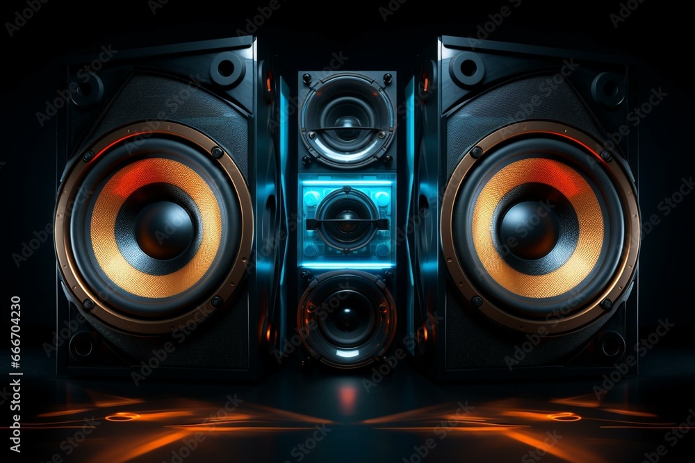 Speaker system with blue and orange lighting on a black background. Generative AI Speaker system with blue and orange lighting on a black background. Generative AI
