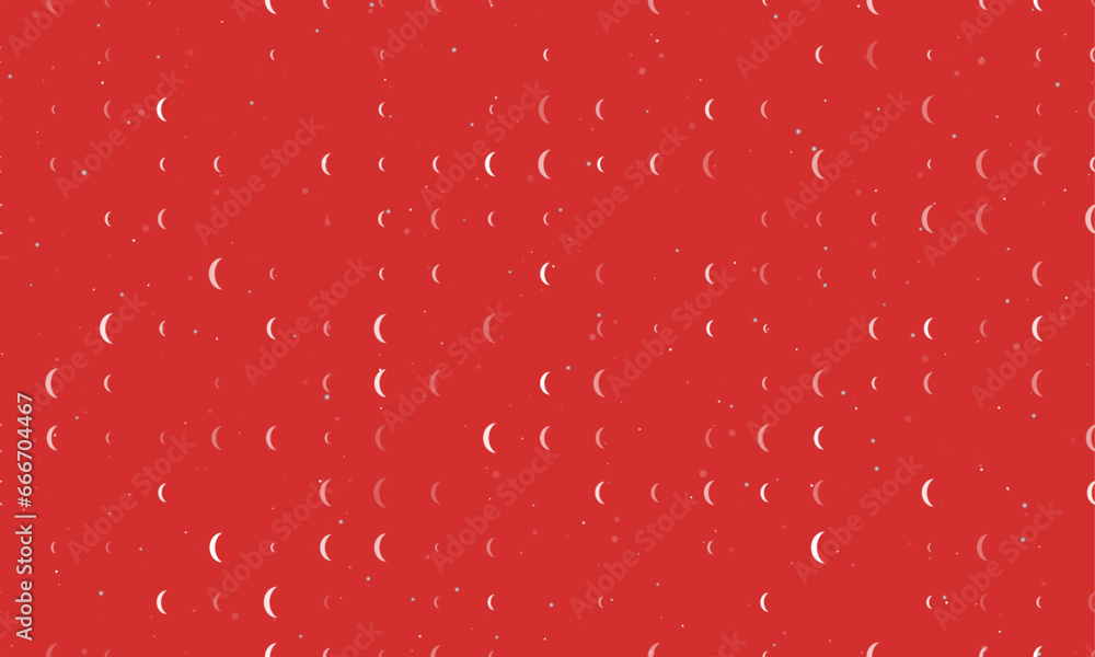 Seamless background pattern of evenly spaced white crescent symbols of different sizes and opacity. Vector illustration on red background with stars Seamless background pattern of evenly spaced white crescent symbols of different sizes and opacity. Vector illustration on red background with stars