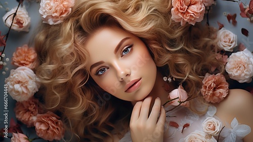 A portrait of a fashion girl who exudes sweetness and sensuality thanks to her beautiful makeup and romantic messy hairstyle. Flowers form the background.