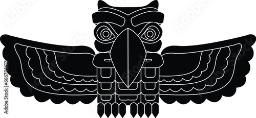 Cartoon Black and White Isolated Illustration Vector Of A Carved Eagle Wood Totem Pole