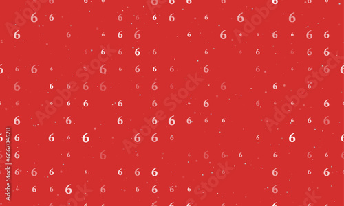 Seamless background pattern of evenly spaced white number six symbols of different sizes and opacity. Vector illustration on red background with stars