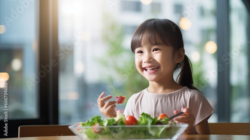 A portrait of an Asian girl eating a salad with joy  while looking away with curiosity and smiling.